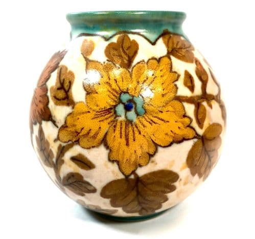 Antique Gouda Pottery Art Deco Dutch Vase / Pot / Cream & Yellow Floral / c1930